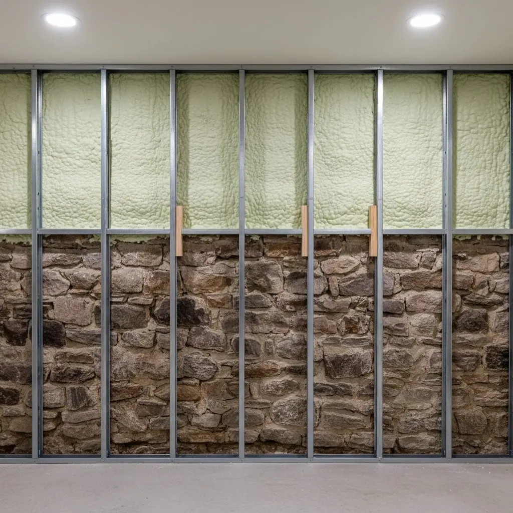 A steel stud wall standing an inch clear of a fieldstone basement wall, shims visible at two studs, closed-cell foam sprayed on the stone behind.