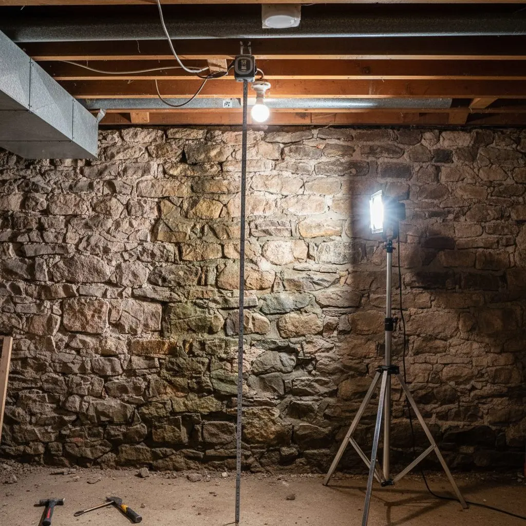 A contractor examining an old fieldstone foundation wall in an unfinished cellar, tape measure held up to the joist above, work light on a stand.