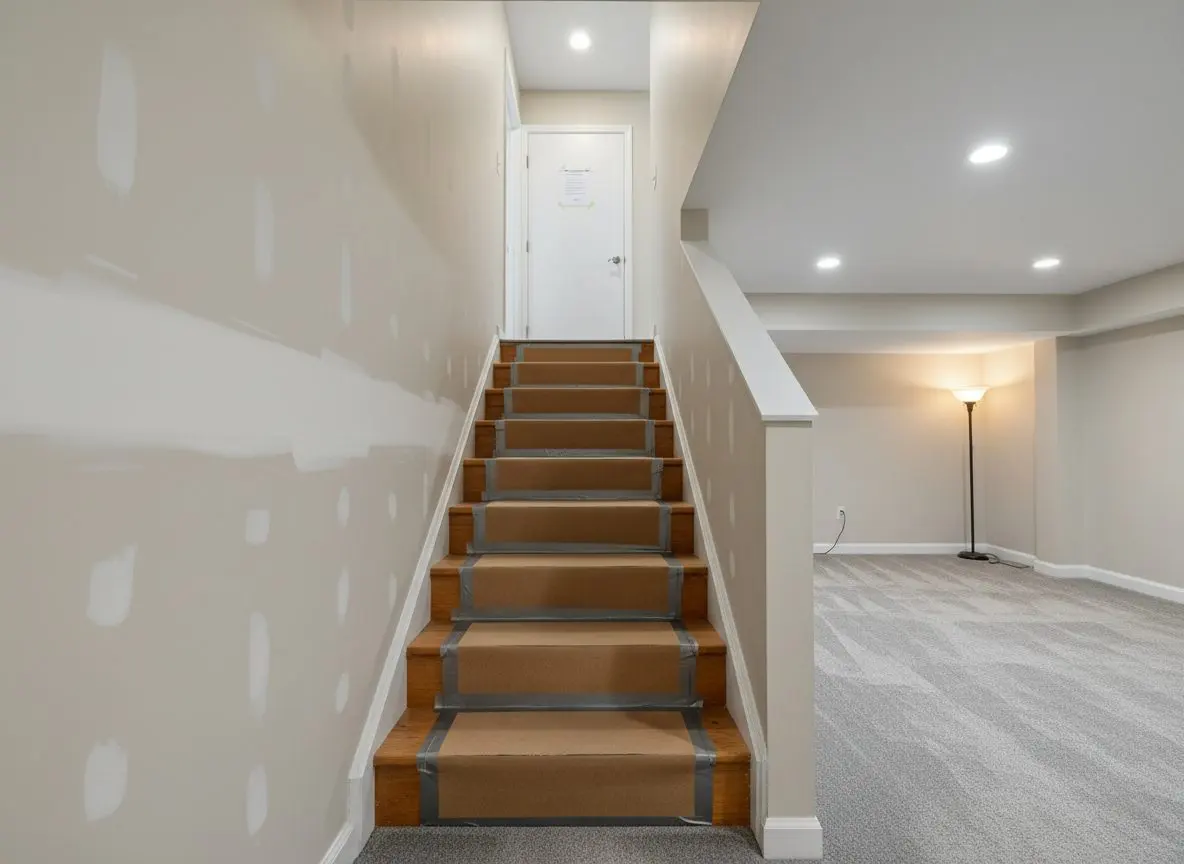 The route from a three-decker's side door down to the basement with hardboard laid over the treads and the walls sheeted