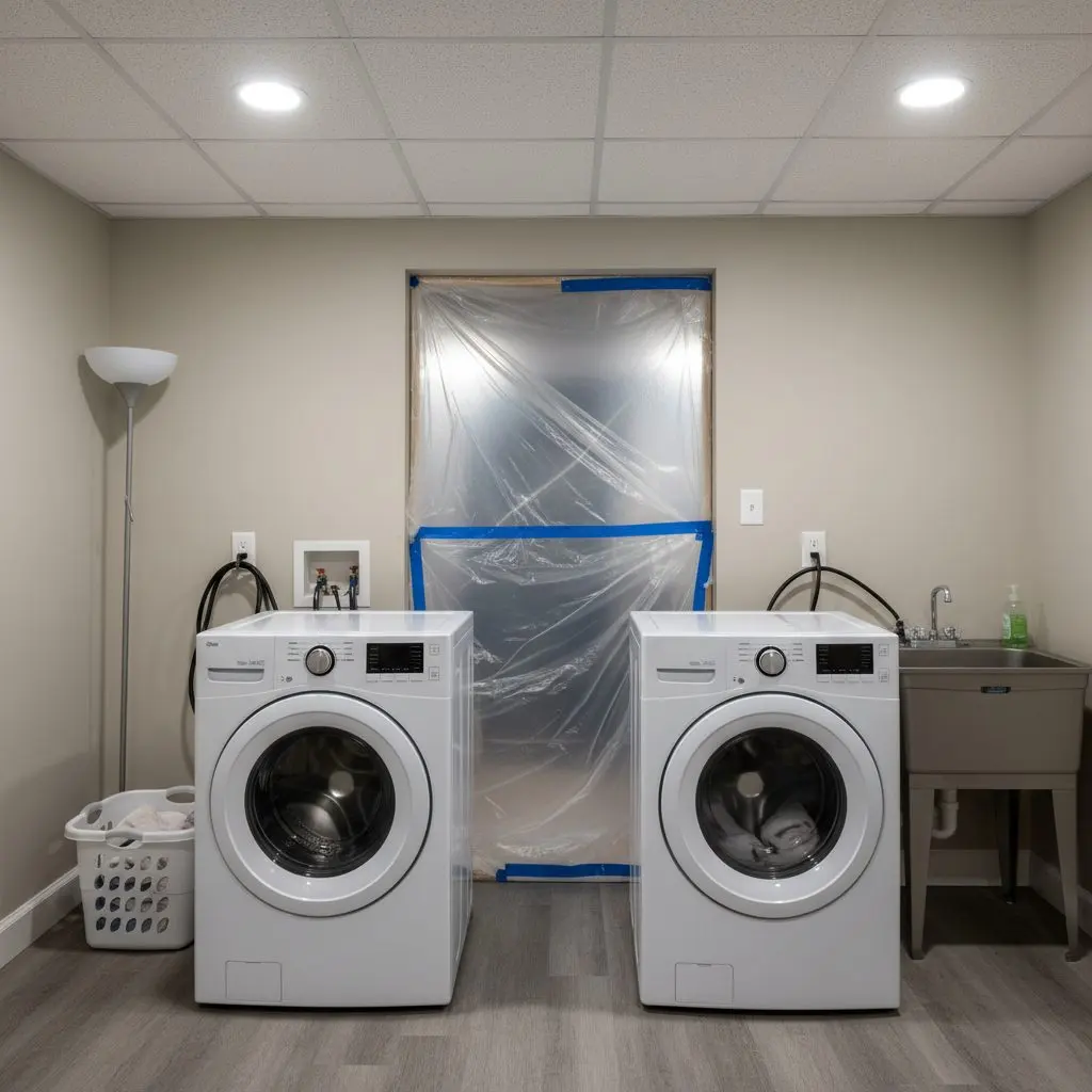 A shared basement laundry room with the washers still plumbed in and running, plastic sheeting hung across the doorway behind them where the work is going on.