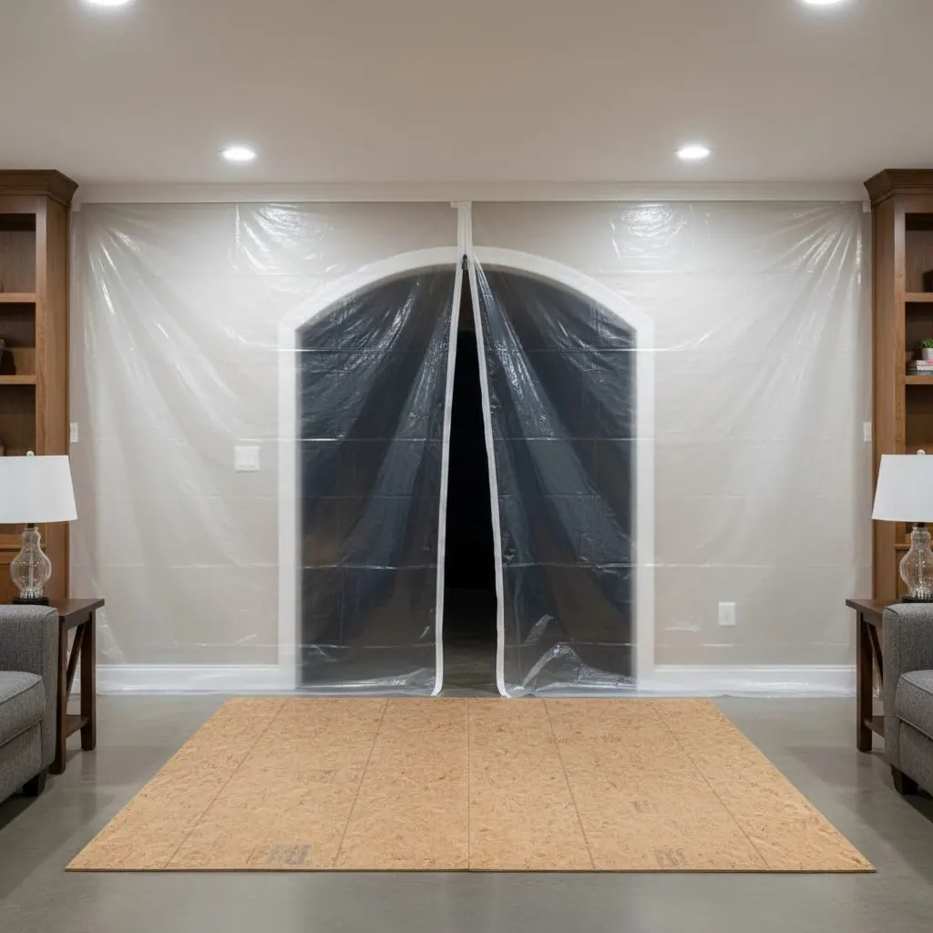 A zipped plastic dust wall built across a basement doorway inside a family home, the zip half open, hardboard laid over the floor in front of it.