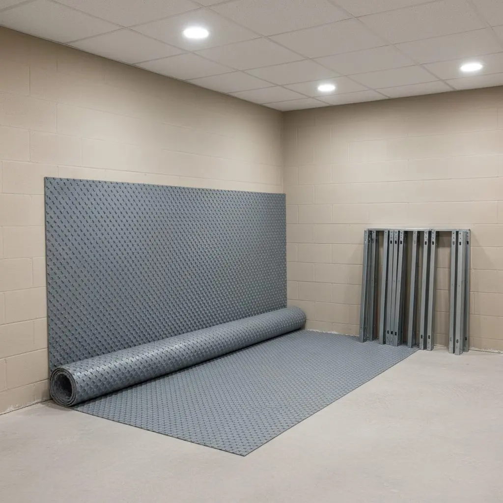 A dimple mat rolled out across a bare basement slab, one edge turned up against the block wall, with a stack of steel studs lying beside it.