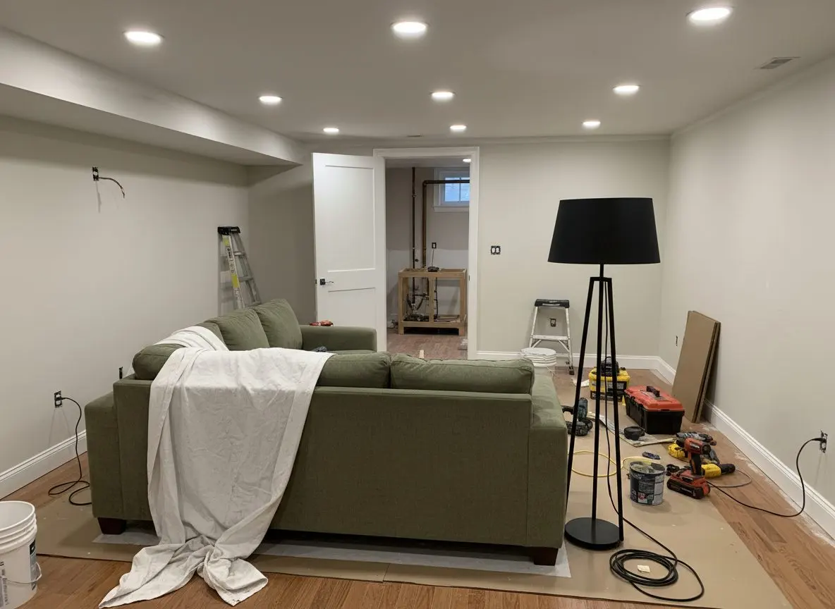 A basement apartment sitting room with a sofa, a floor lamp and a door standing open onto a small kitchen area at the far end of it.