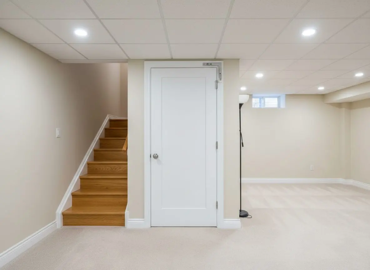 A solid core door at the bottom of a basement stair, standing closed, with a self-closing hinge fitted at the top of it.