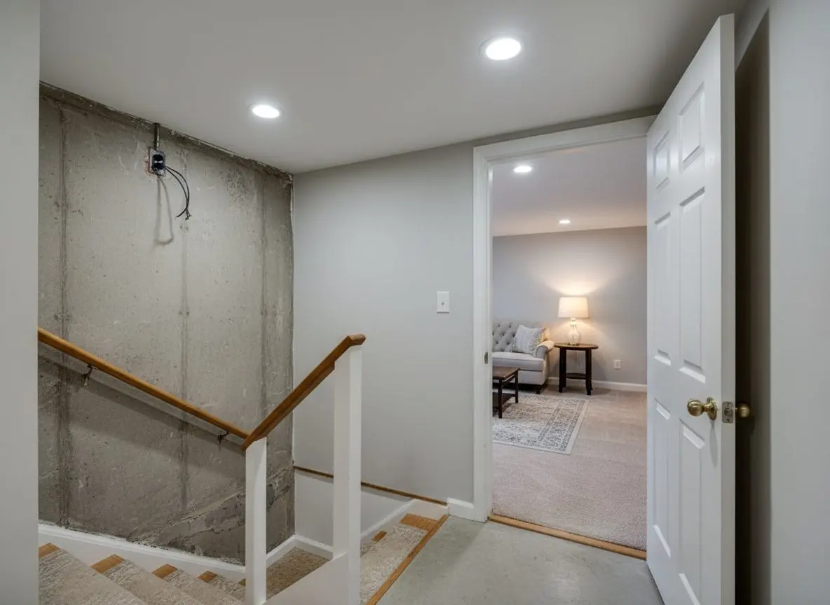 A basement stair with a door at the bottom of it standing open onto a finished sitting room, a lamp lit inside the room.