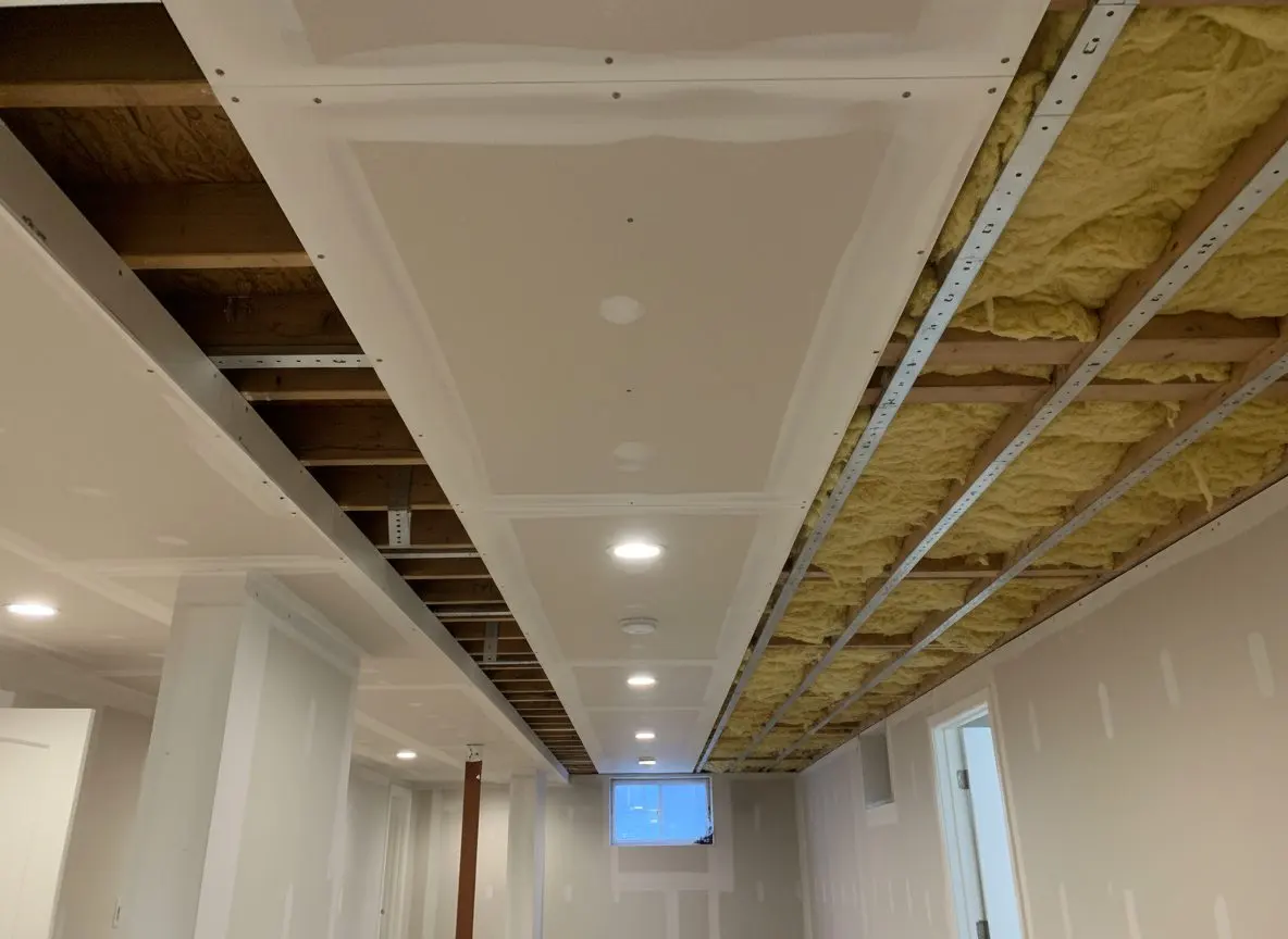 A basement ceiling part boarded, resilient channel screwed across the joists and mineral wool visible in the open bays beyond the boarded section.