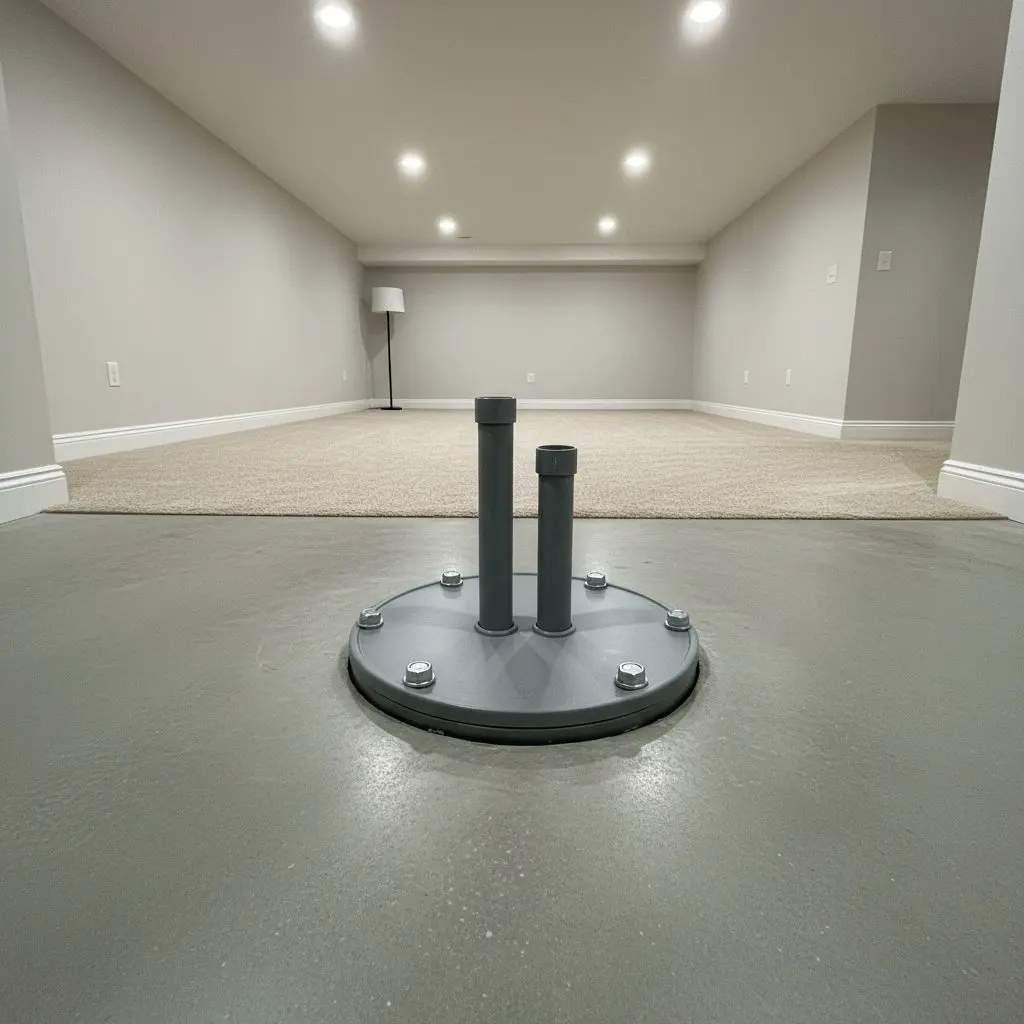 An open ejector pit cut into a basement slab, the sealed basin lid bolted down on it, and the vent and discharge pipes rising out of the top.