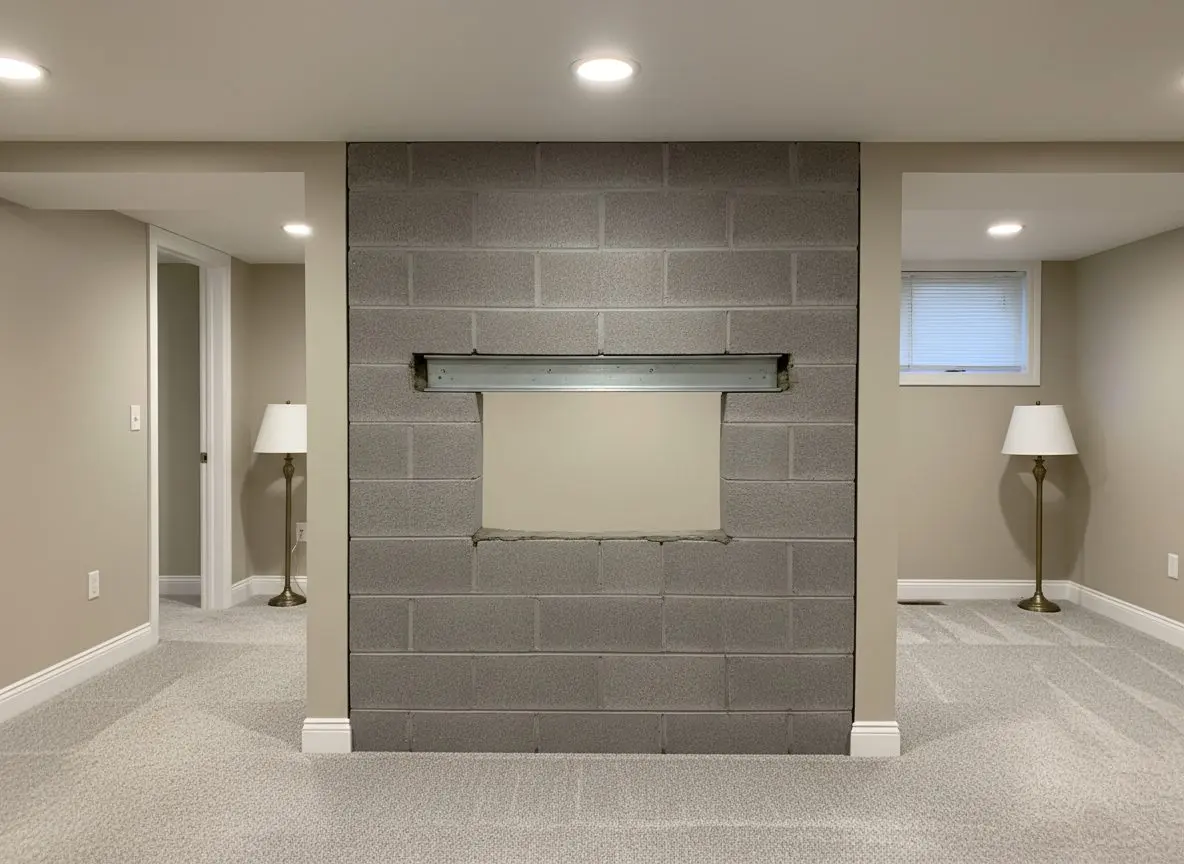 The head of a cut wall opening, the galvanized steel lintel set across it and grouted, block reset up to the underside of it.