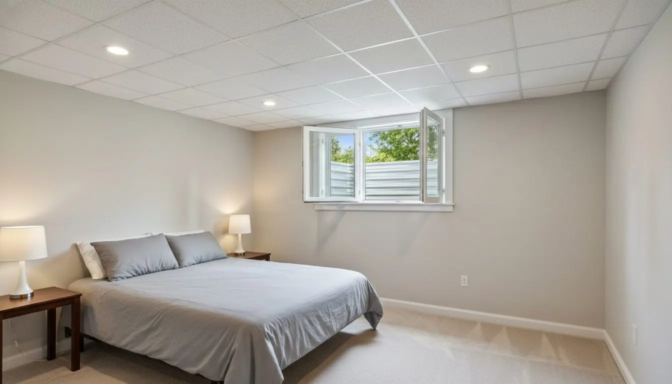 A finished basement bedroom with a wide egress casement window in the wall, the window standing open, daylight coming down into a lined window well outside it
