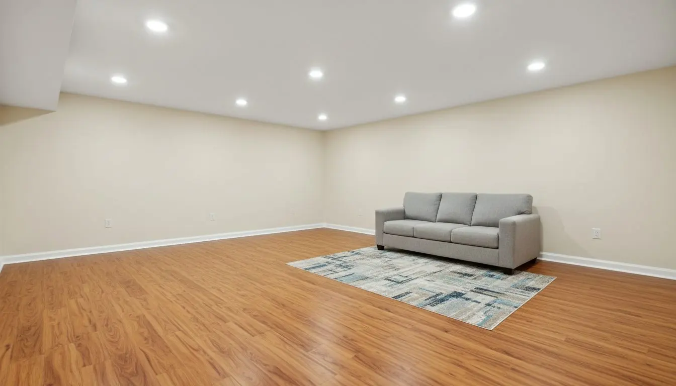 A finished basement room in a house in Worcester with vinyl plank flooring running the full length of the floor