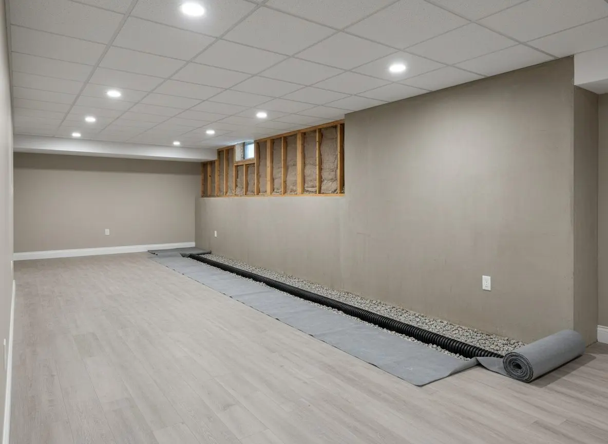 A channel cut at the edge of a basement floor with four-inch perforated pipe sitting in washed stone, ready for the fabric to go over it.