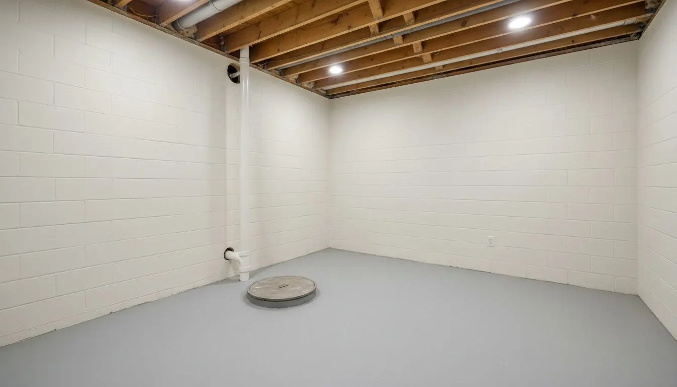 A dry, empty basement in a house in Worcester with painted block walls, a sealed sump pit lid set flush into the concrete floor