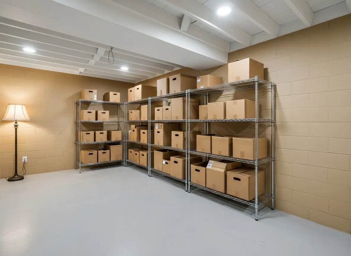 A dry, clean basement floor in a house in Worcester with storage shelves and cardboard boxes standing straight on the concrete